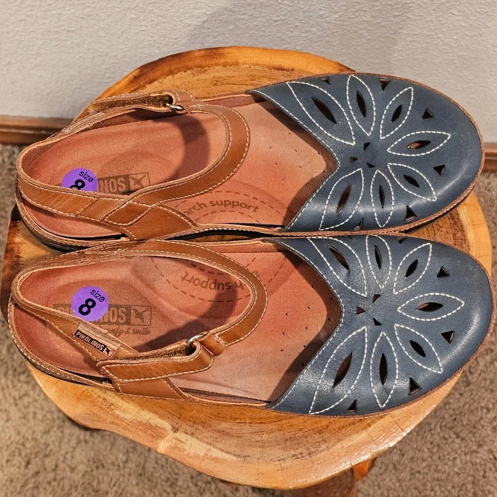 Pikolinos Granada W0W-1985 Leather Platform Wedge Sandals Floral Cutout 38/8